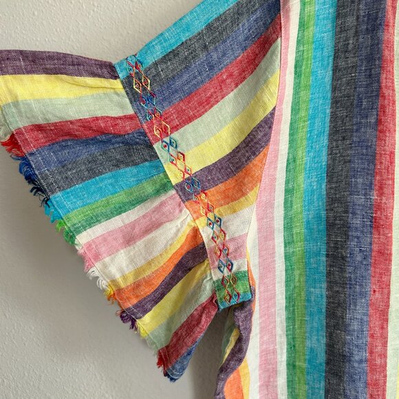 John Mark Shirt XL Rainbow Stripe Linen Embroidery Flounce Sleeve Raw Hem - Picture 5 of 8